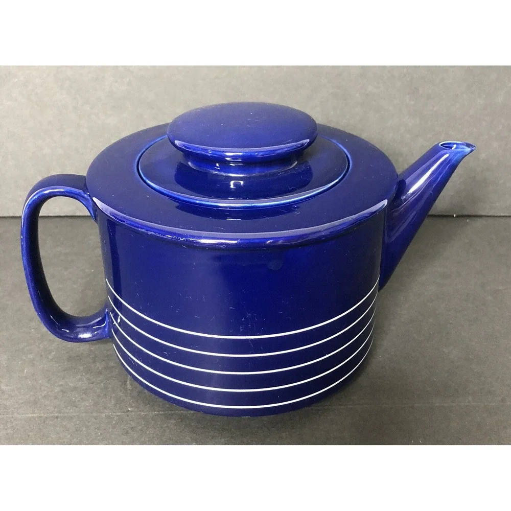 Sam Lebowitz Design COPCO Cobalt Blue Teapot with Lid 1982 Korea Striped Ceramic
